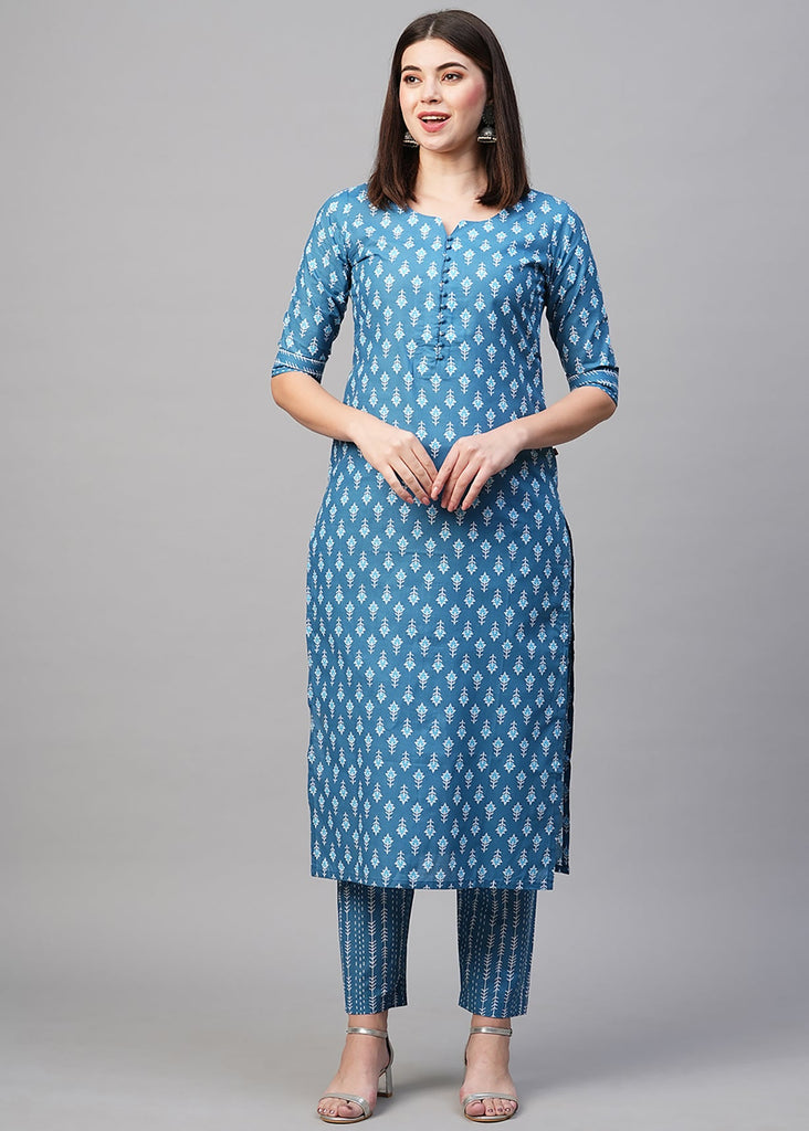 Off White Color Printed Rayon Kurti With Pant For Women