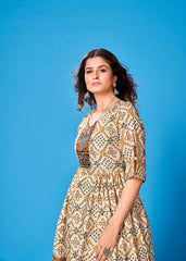 Off White Color Printed Rayon Kurti With Pant For Women