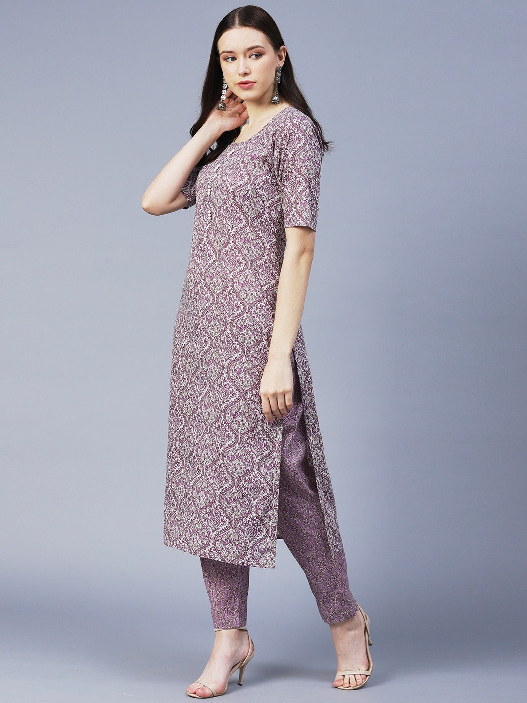 Purple Color Printed Rayon Kurti With Pant For Women