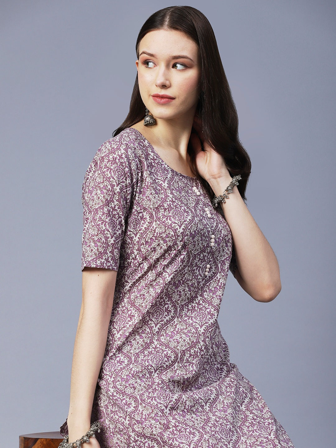 Purple Color Printed Rayon Kurti With Pant For Women