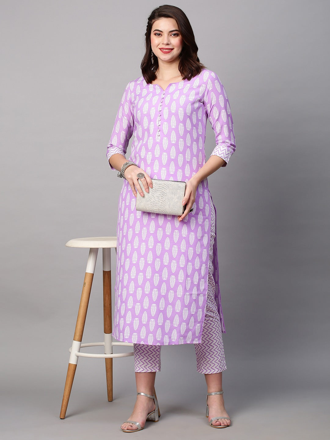 Purple Color Printed Rayon Kurti With Pant For Women