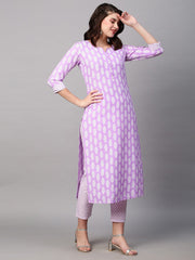 Purple Color Printed Rayon Kurti With Pant For Women