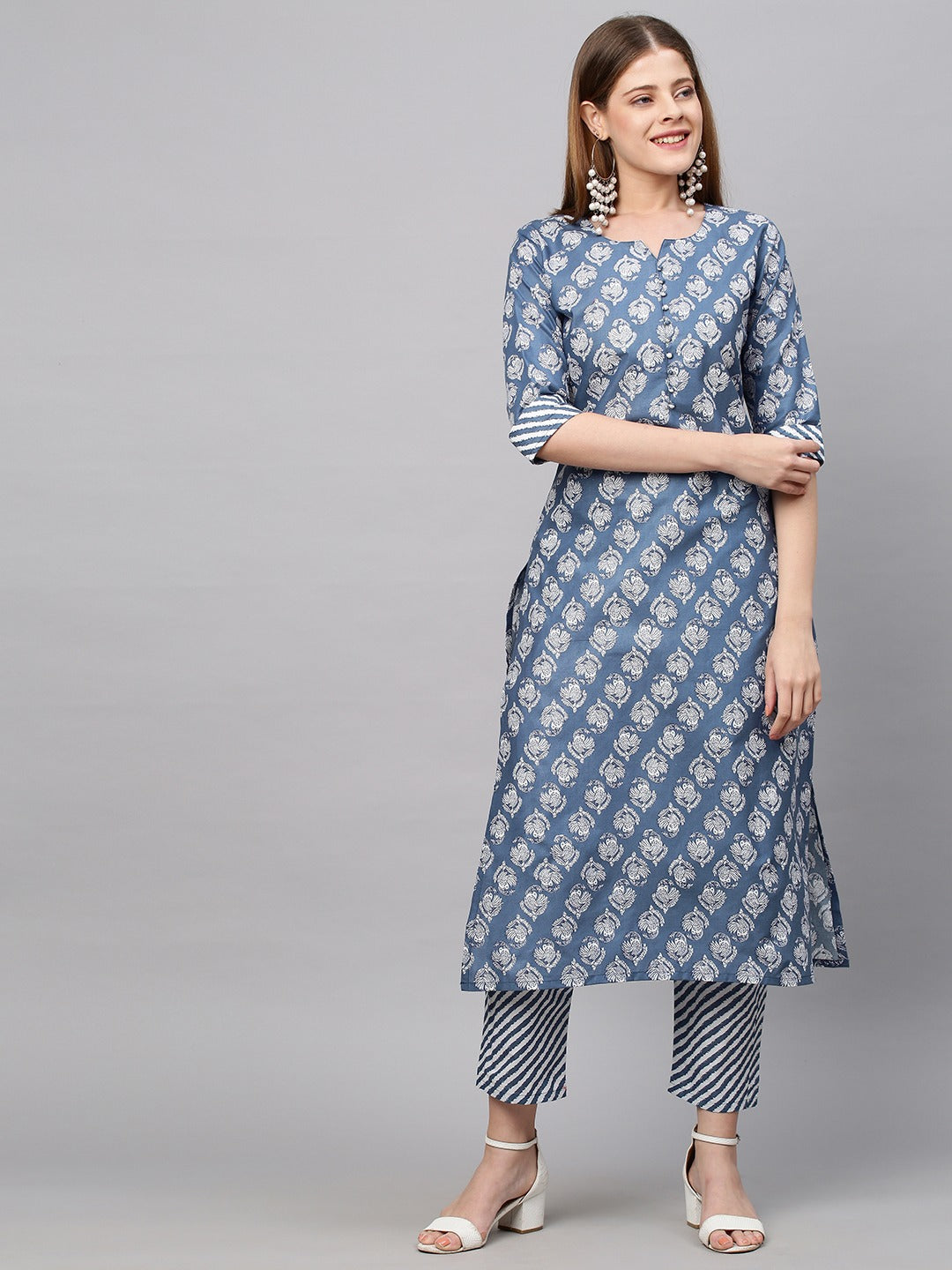 Blue Color Printed Rayon Kurti With Pant For Women