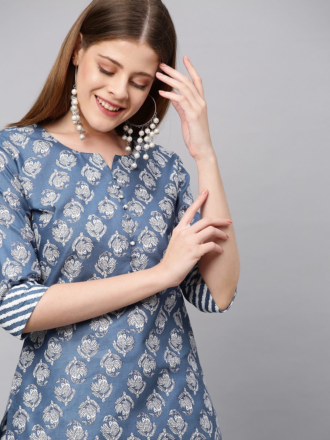 Blue Color Printed Rayon Kurti With Pant For Women