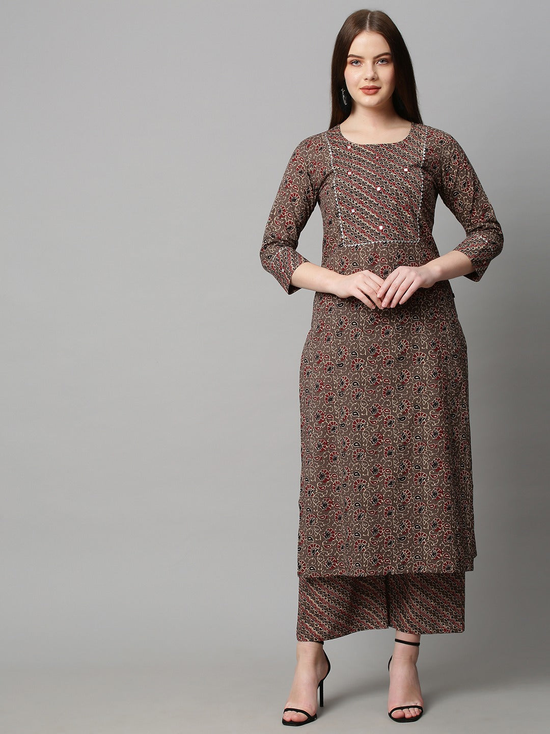 Brown Color Printed Rayon Kurti With Pant For Women