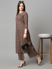 Brown Color Printed Rayon Kurti With Pant For Women