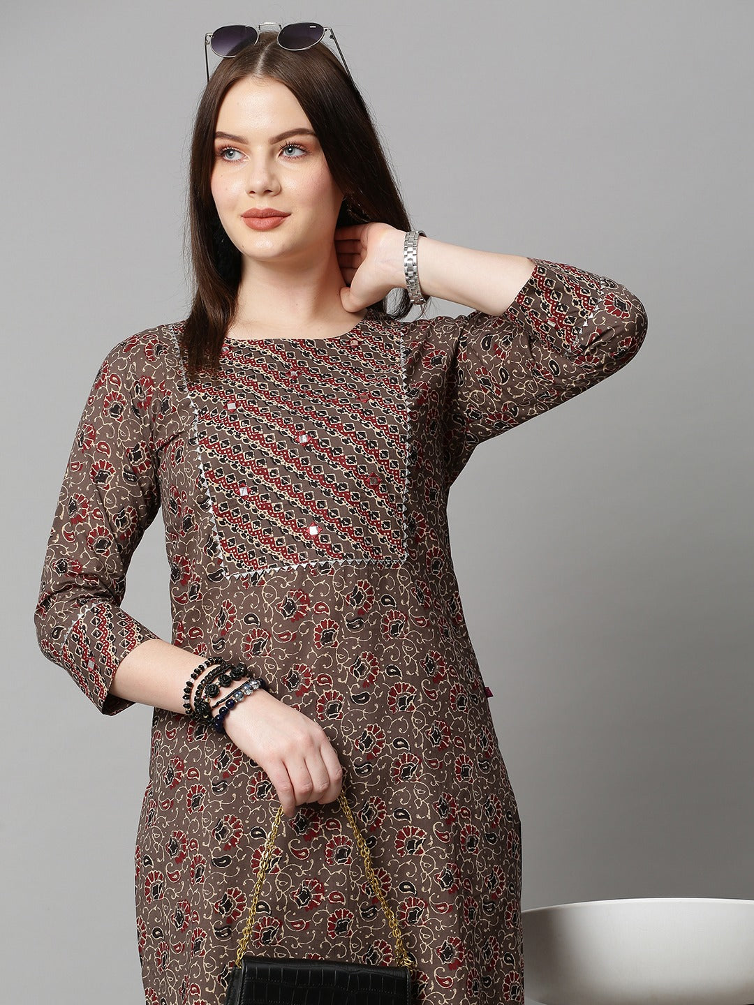 Brown Color Printed Rayon Kurti With Pant For Women