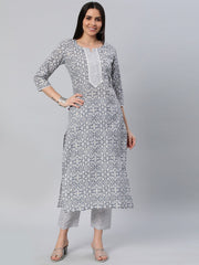 Grey Color Printed Rayon Kurti With Pant For Women