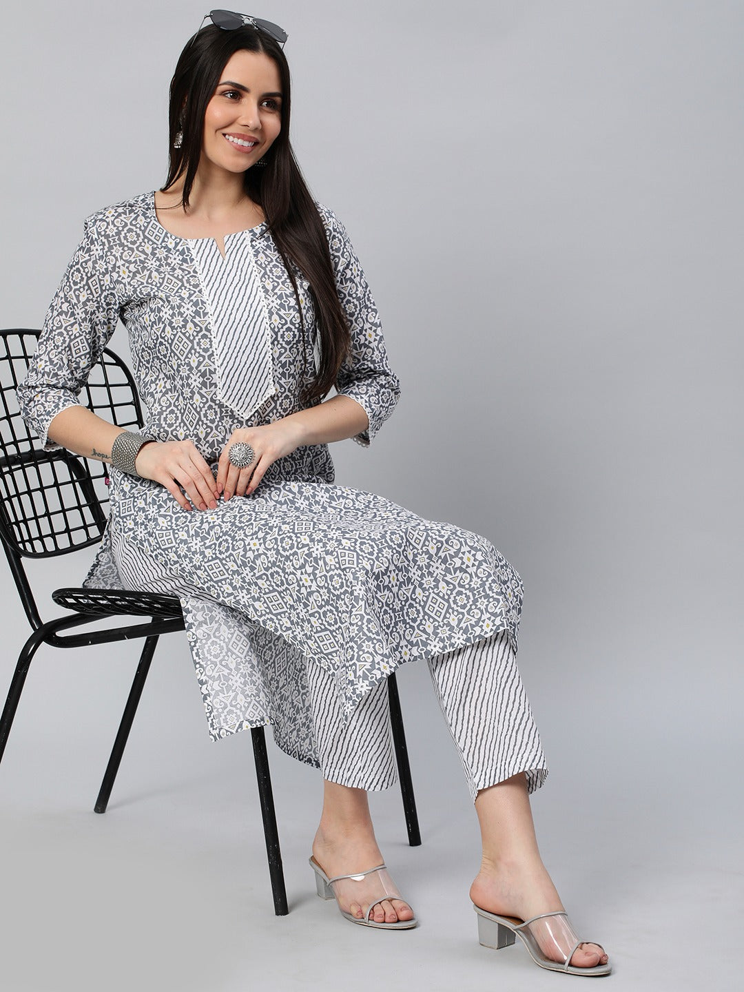 Grey Color Printed Rayon Kurti With Pant For Women