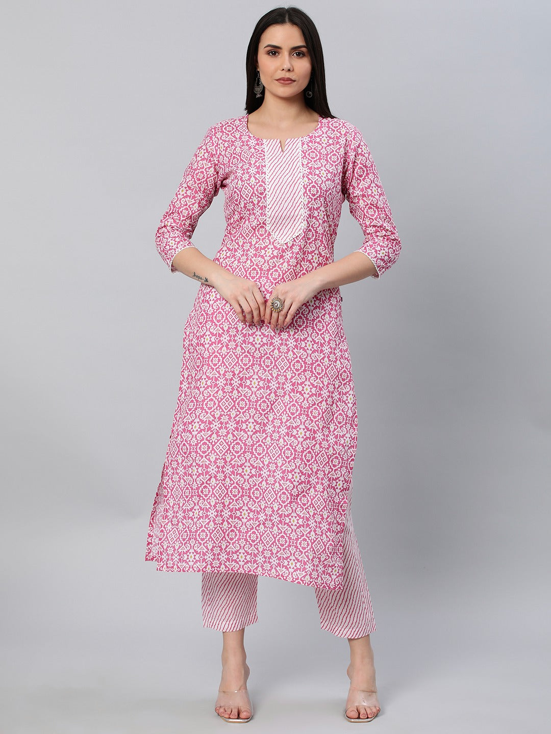 Pink Color Printed Rayon Kurti With Pant For Women