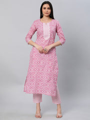 Pink Color Printed Rayon Kurti With Pant For Women