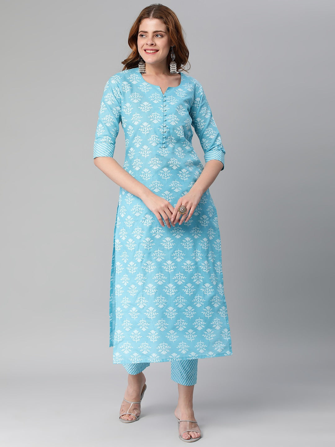 Blue Color Printed Rayon Kurti With Pant For Women