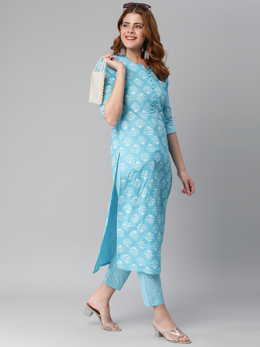 Blue Color Printed Rayon Kurti With Pant For Women