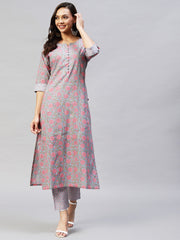 Grey Color Printed Rayon Kurti With Pant For Women