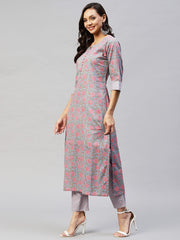 Grey Color Printed Rayon Kurti With Pant For Women