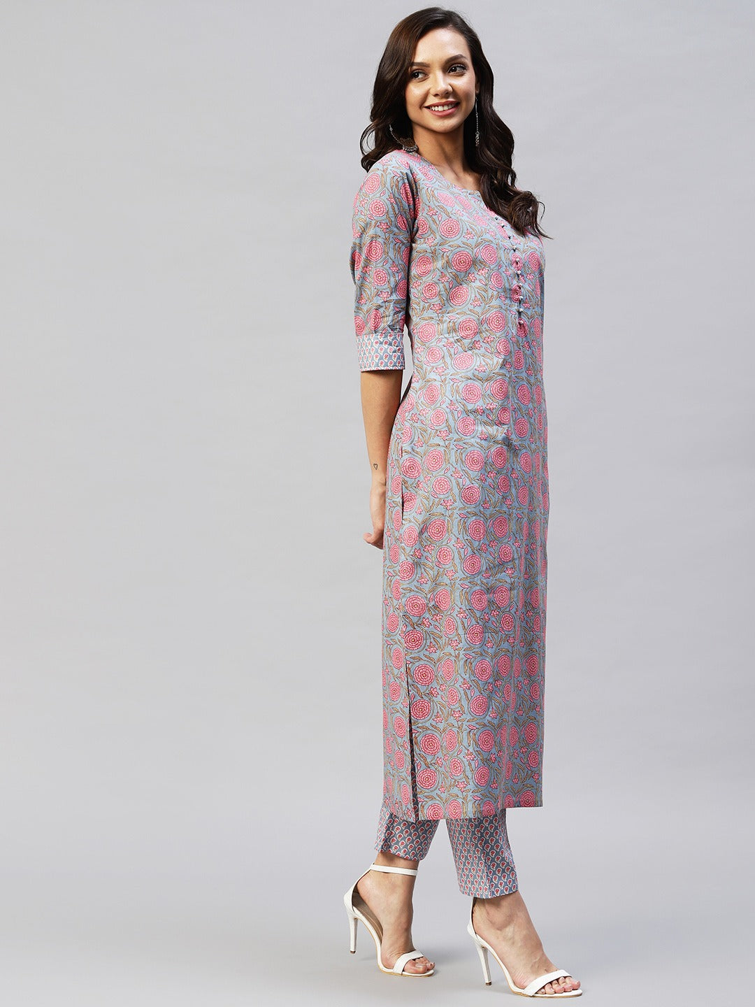 Grey Color Printed Rayon Kurti With Pant For Women