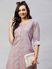 Grey Color Printed Rayon Kurti With Pant For Women