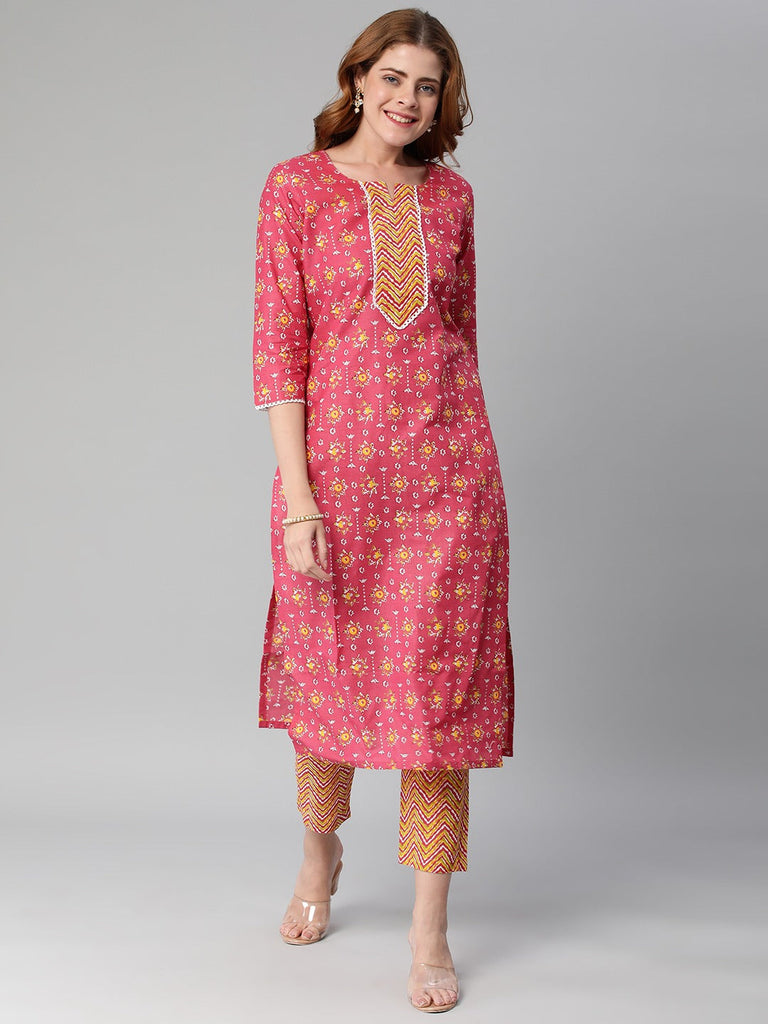 Pink Color Printed Rayon Kurti With Pant For Women