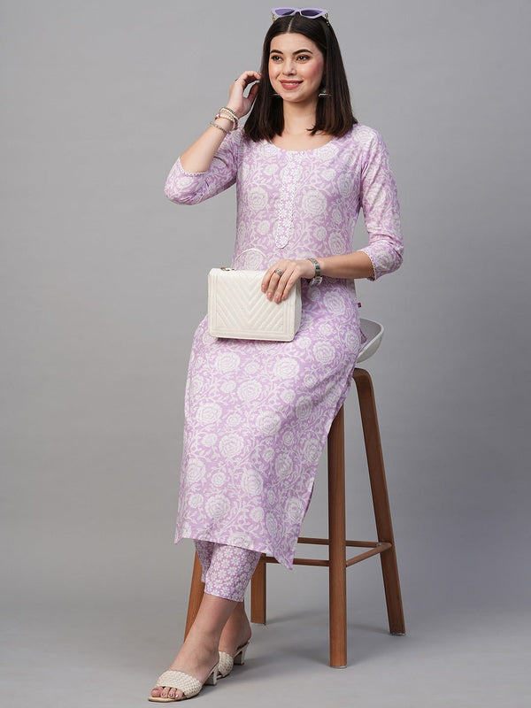 Pink Color Printed Rayon Kurti With Pant For Women