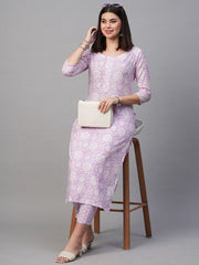 Purple Color Printed Rayon Kurti With Pant For Women