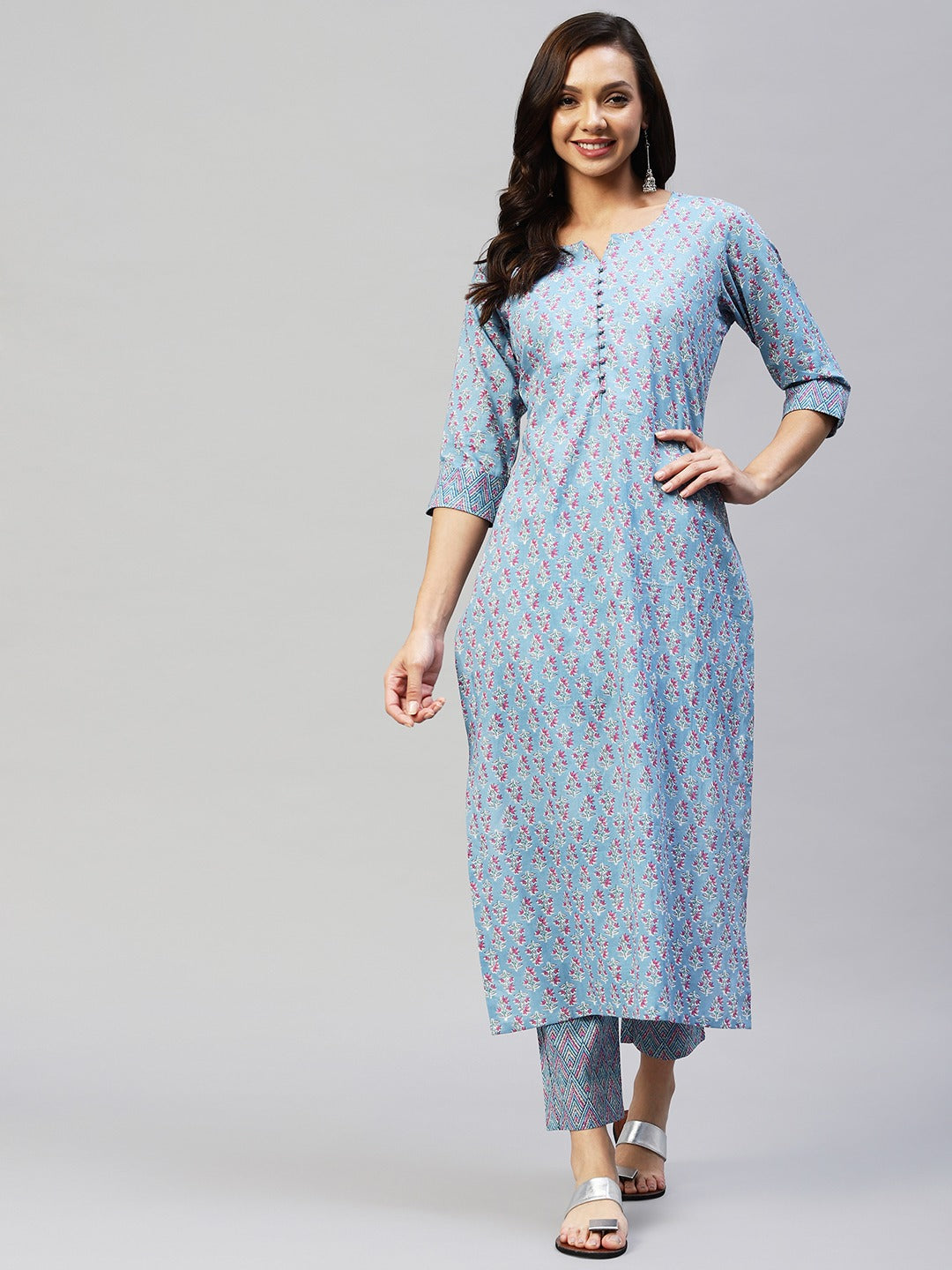 Blue Color Printed Rayon Kurti With Pant For Women