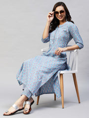 Blue Color Printed Rayon Kurti With Pant For Women