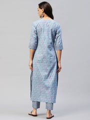 Blue Color Printed Rayon Kurti With Pant For Women