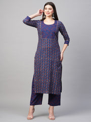 Navy Blue Color Printed Rayon Kurti With Pant For Women