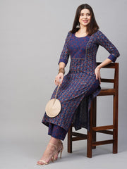 Navy Blue Color Printed Rayon Kurti With Pant For Women