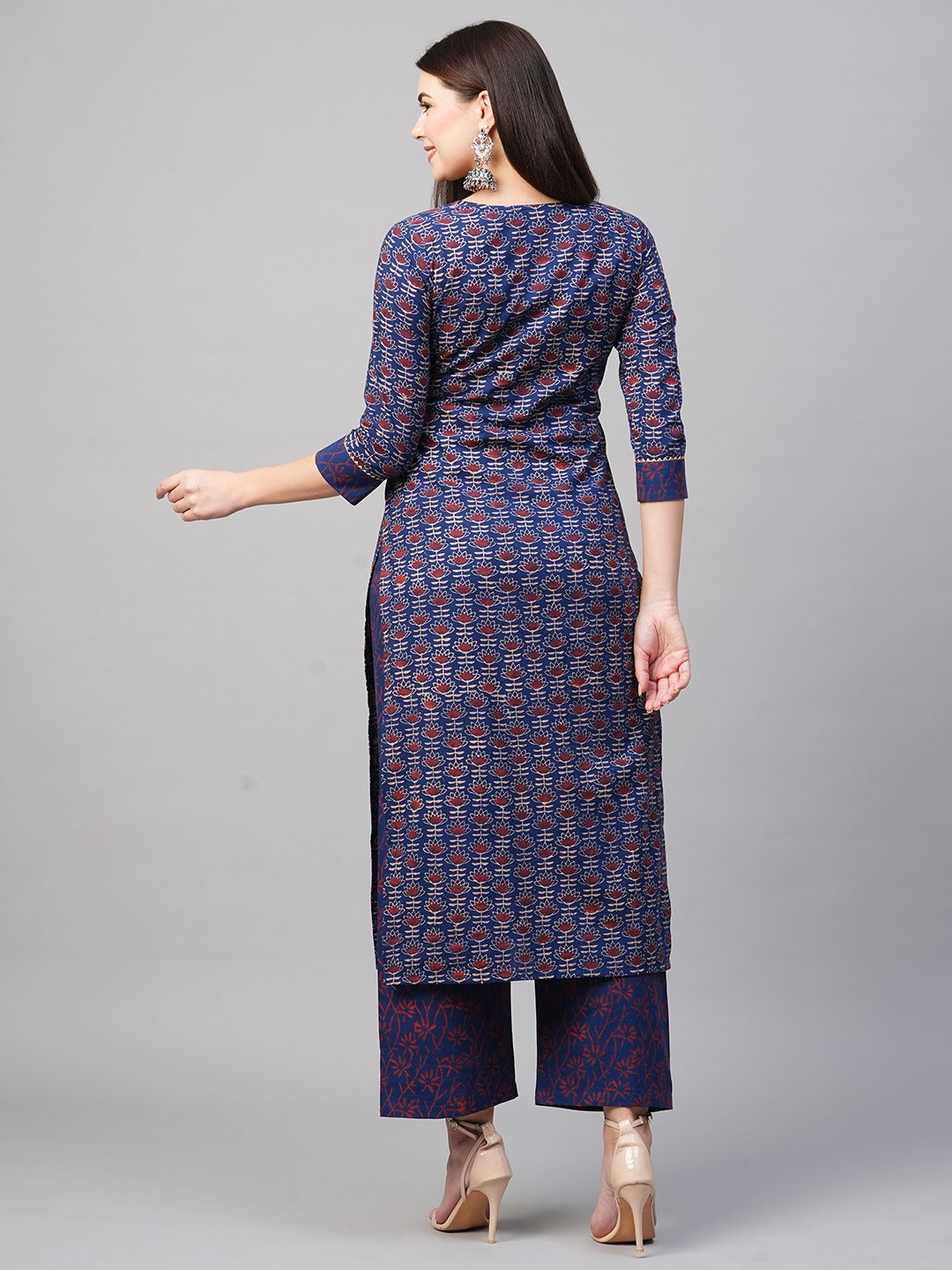 Navy Blue Color Printed Rayon Kurti With Pant For Women