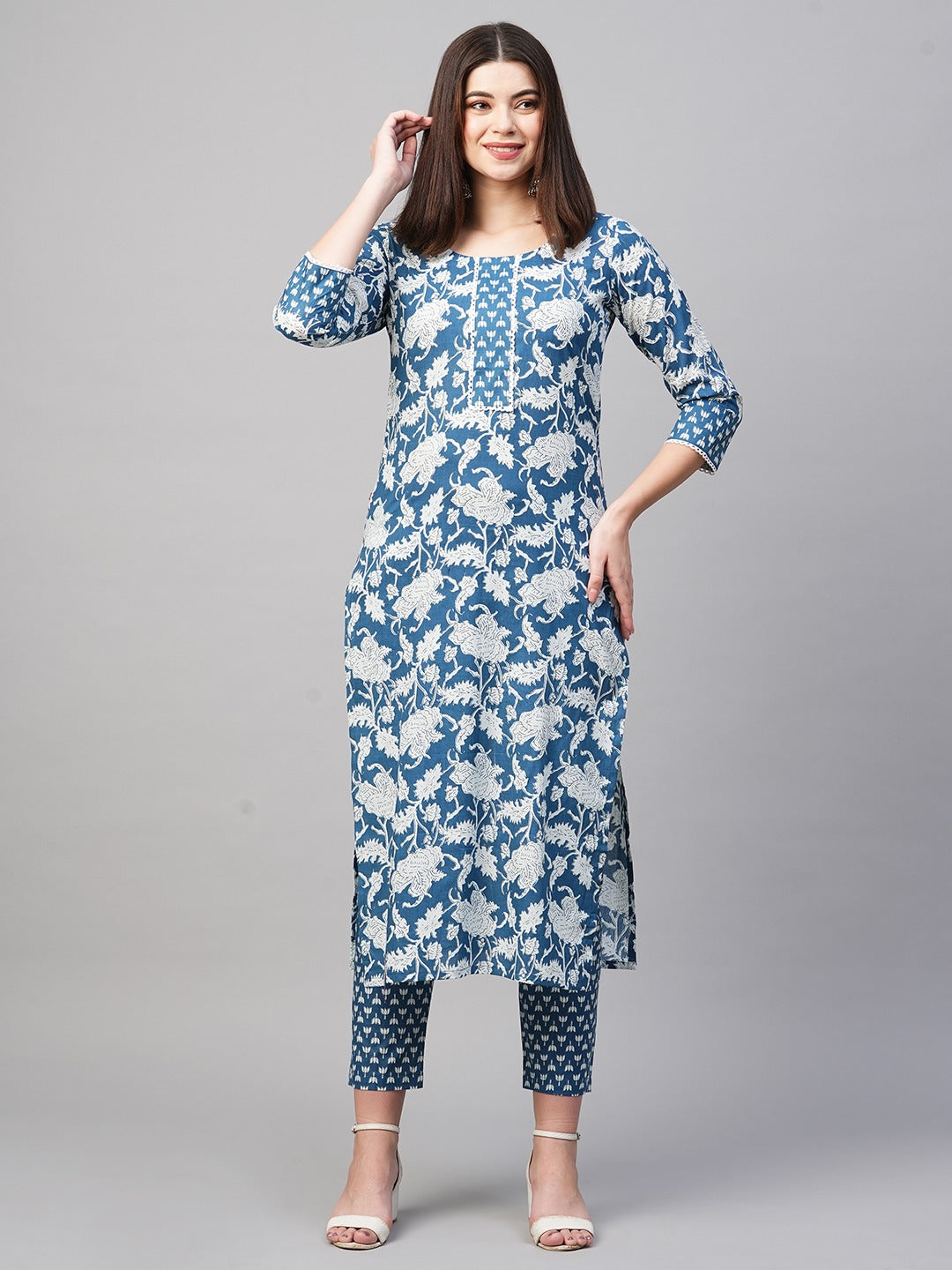 Blue Color Printed Rayon Kurti With Pant For Women