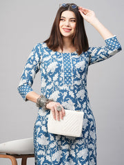 Blue Color Printed Rayon Kurti With Pant For Women