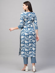 Blue Color Printed Rayon Kurti With Pant For Women