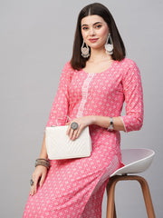 Pink Color Printed Rayon Kurti With Pant For Women