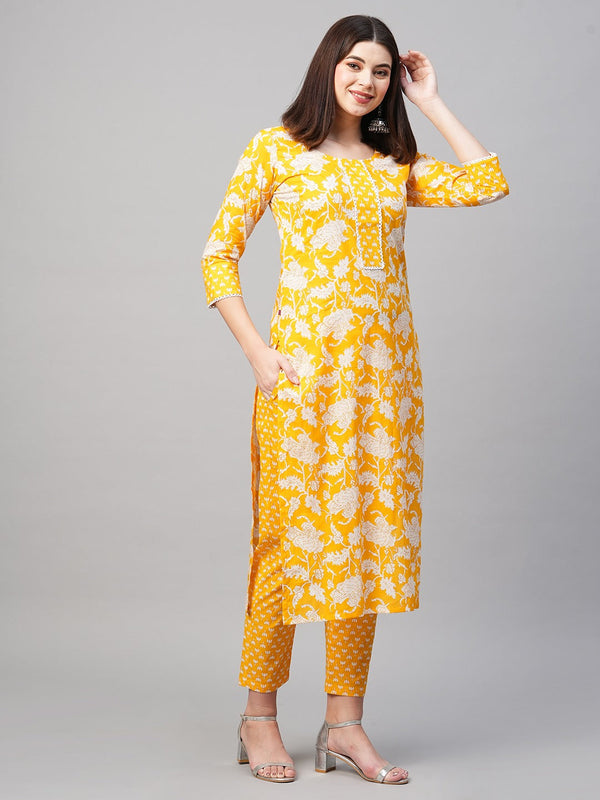 Yellow Color Printed Rayon Kurti With Pant For Women