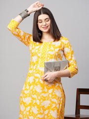 Yellow Color Printed Rayon Kurti With Pant For Women