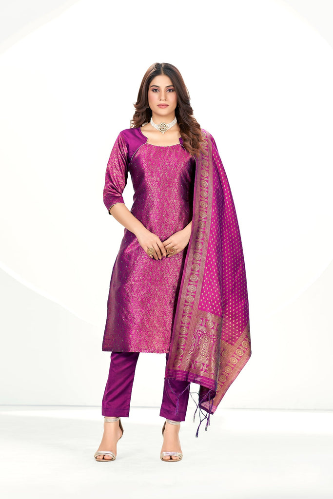 Readymade Banarasi Art Silk Dark Pink Salwar Suit With Dupatta