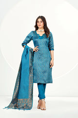 Readymade Banarasi Art Silk Peacock Blue Salwar Suit With Dupatta