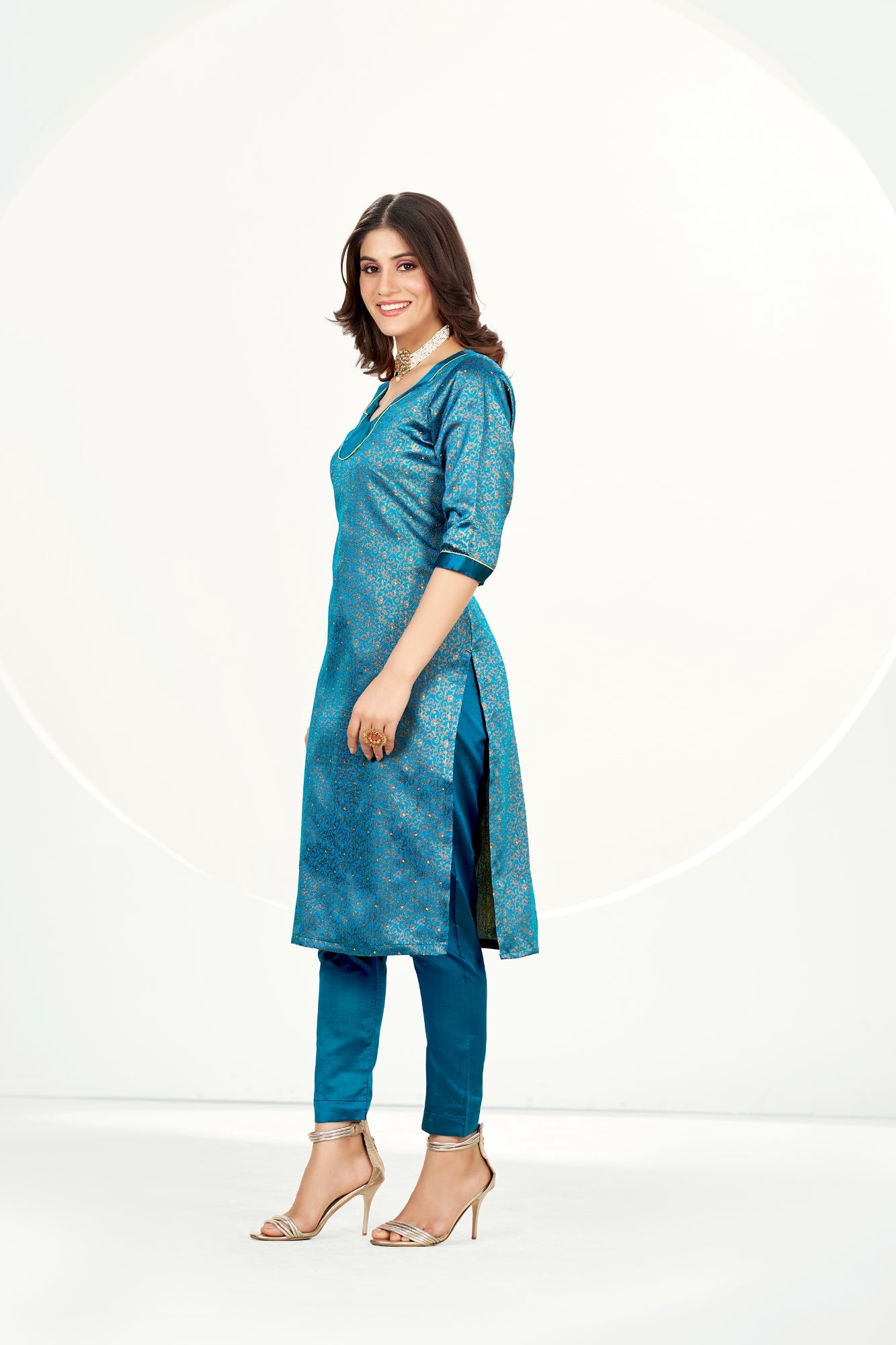 Readymade Banarasi Art Silk Peacock Blue Salwar Suit With Dupatta