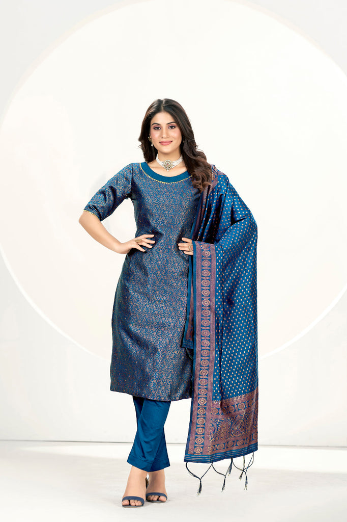 Readymade Banarasi Art Silk Venice Blue Salwar Suit With Dupatta
