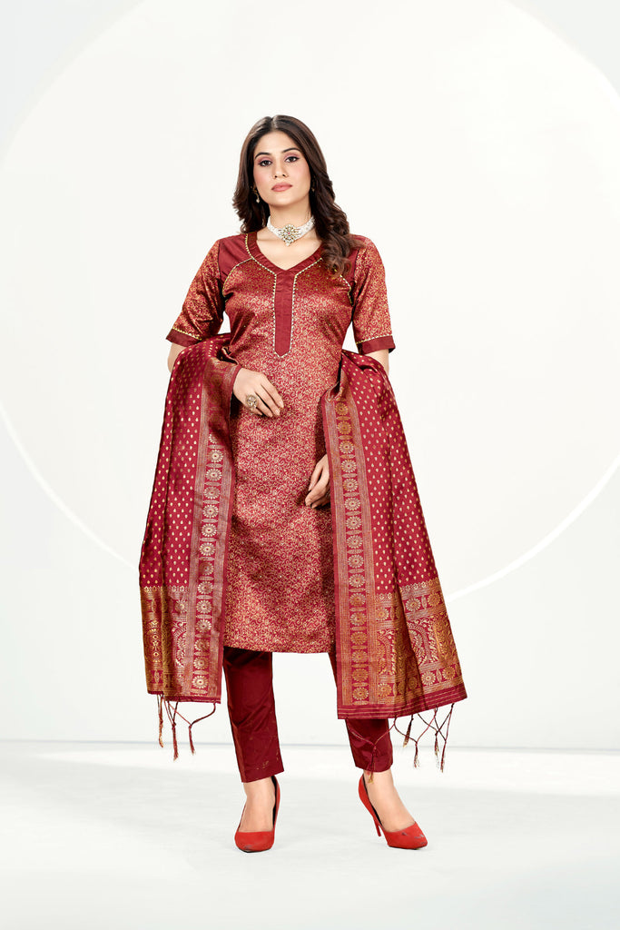 Readymade Banarasi Art Silk Dull Red Salwar Suit With Dupatta