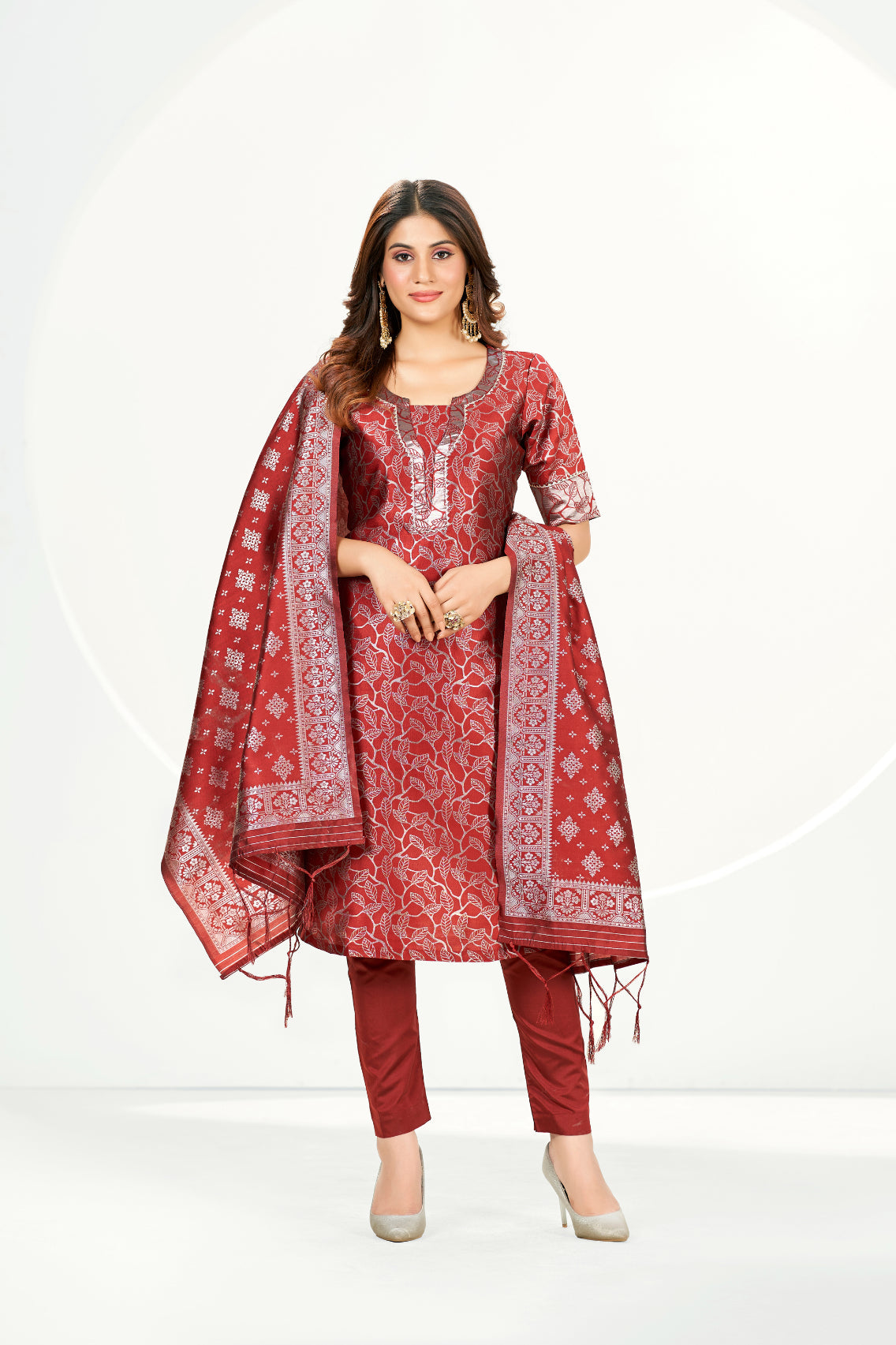 Readymade Banarasi Art Silk Persian Red Salwar Suit With Dupatta