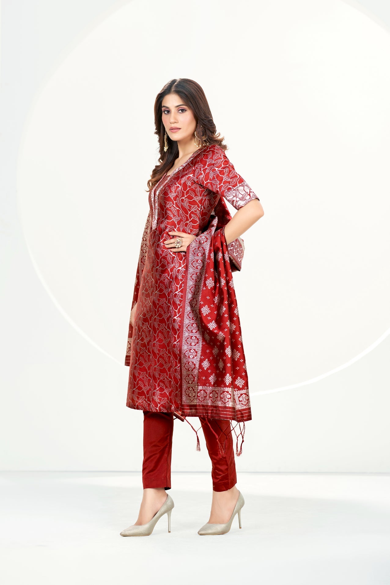 Readymade Banarasi Art Silk Persian Red Salwar Suit With Dupatta