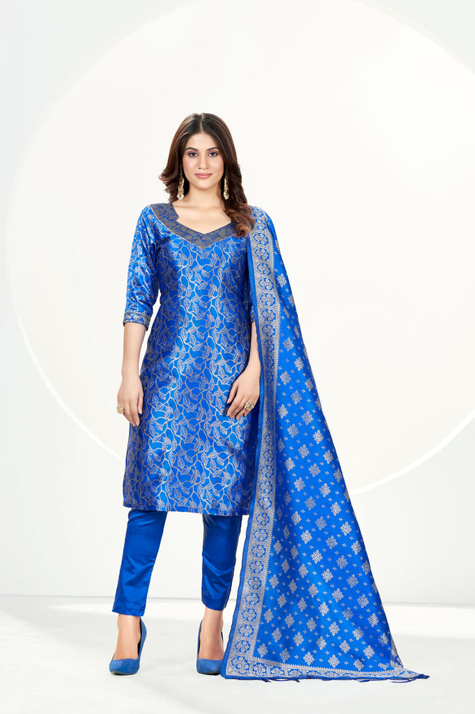 Readymade Banarasi Art Silk Teal Blue Salwar Suit With Dupatta