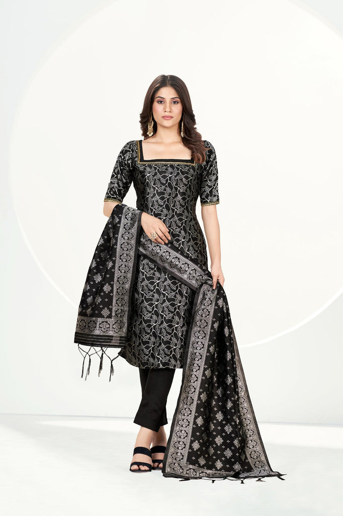 Readymade Banarasi Art Silk Black Salwar Suit With Dupatta