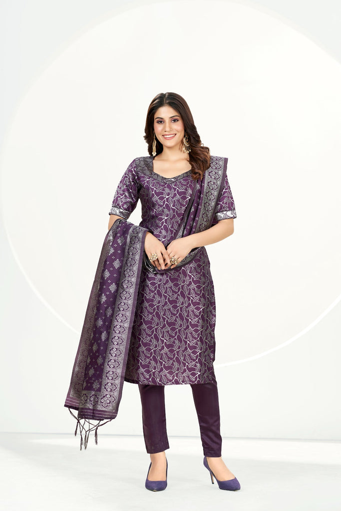 Readymade Banarasi Art Silk Purple Salwar Suit With Dupatta