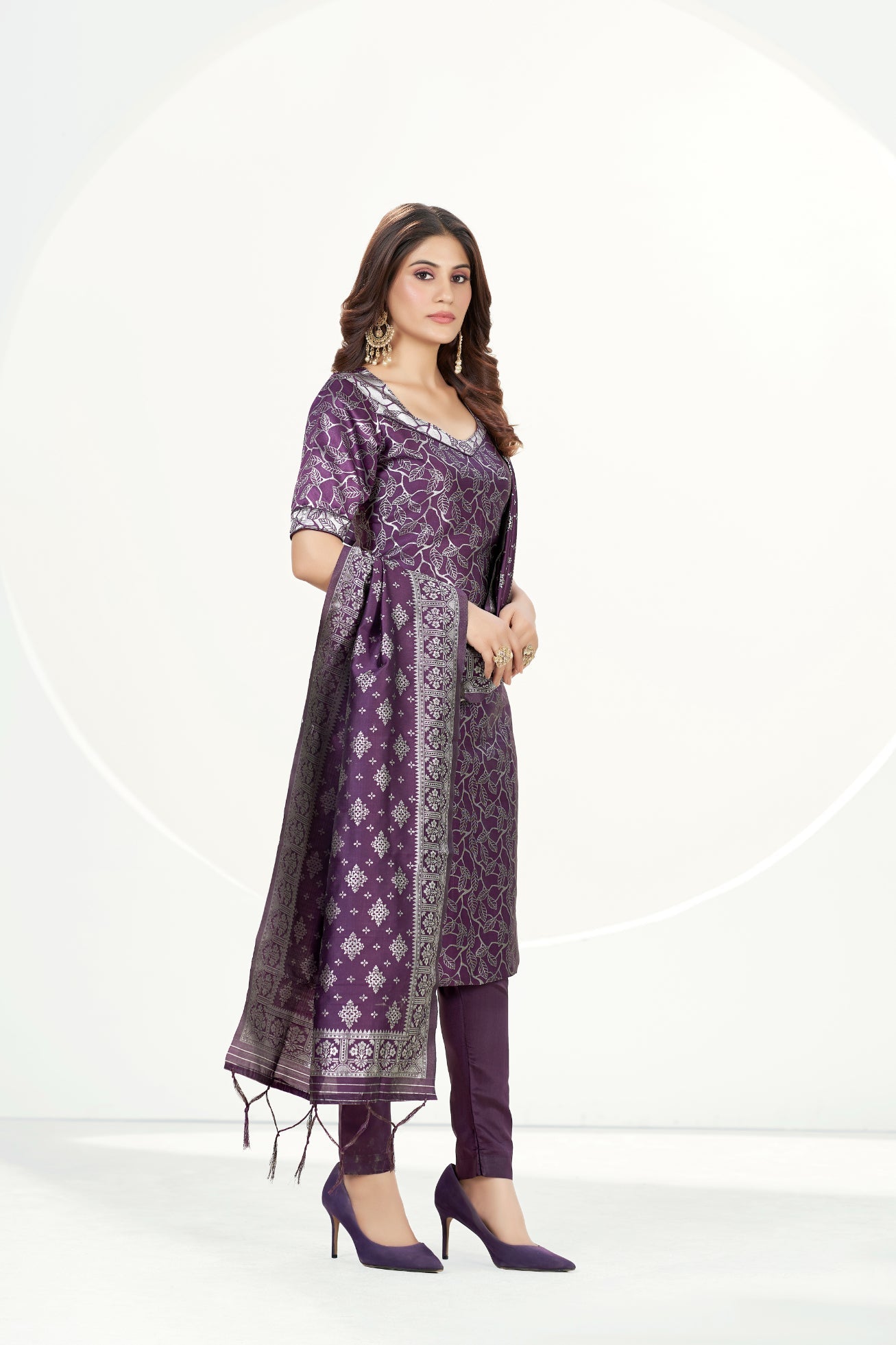 Readymade Banarasi Art Silk Purple Salwar Suit With Dupatta