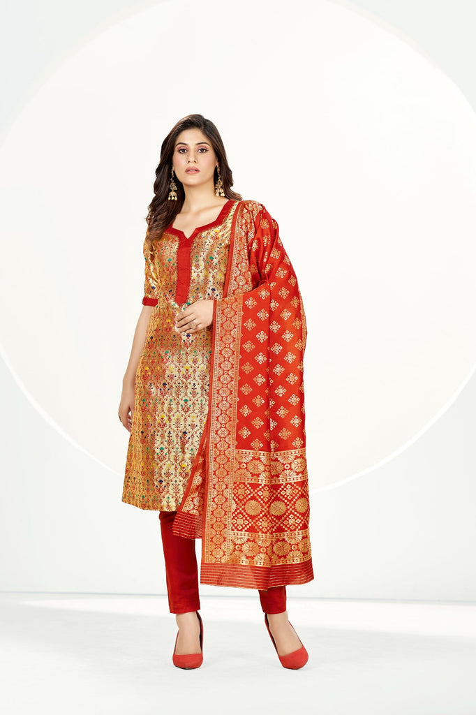 Readymade Banarasi Art Silk Gold Salwar Suit With Dupatta