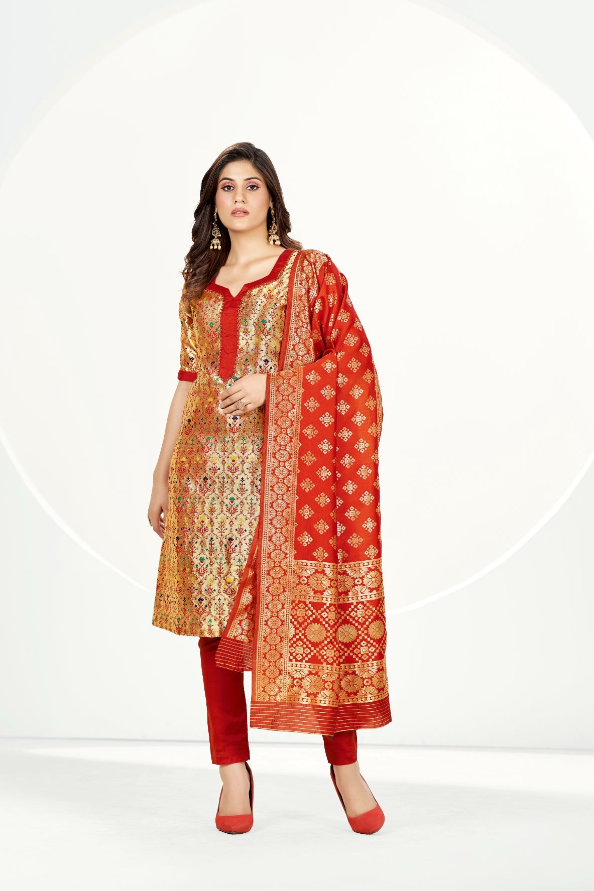 Gold Banarasi Art Silk Salwar Suit With Dupatta