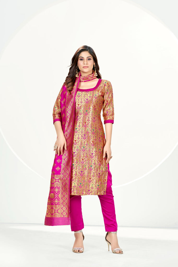 Readymade Banarasi Art Silk Gold Salwar Suit With Dupatta